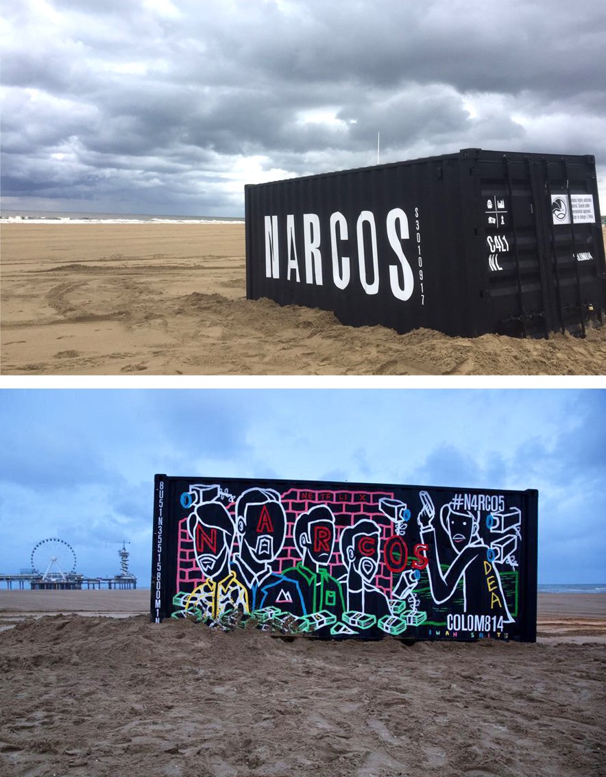 Morgen start het nieuwe seizoen van Narcos op Netflix. Ter promotie is een container met stickers geplaatst op het Scheveningse strand.