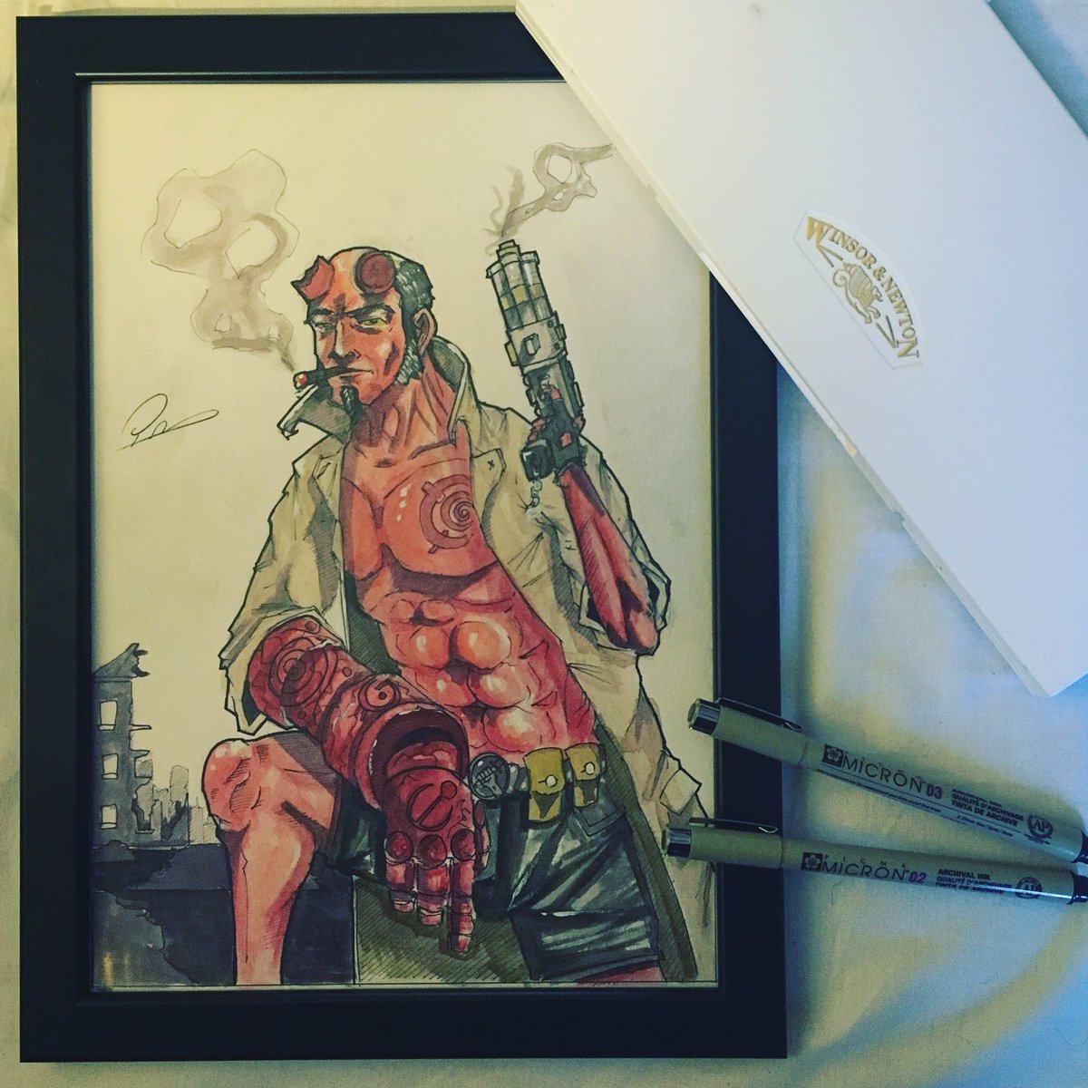 Talk_with_Phraz's tweet photo. Good ol' hellboy, brightening up my walls! Finally posting art 😂 https://t.co/JuRLjgObHQ