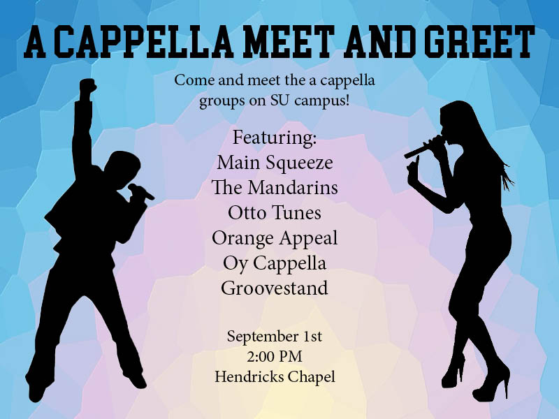 Come, watch, and meet all of our amazing a cappella groups at Hendricks Chapel tomorrow at 2:00!