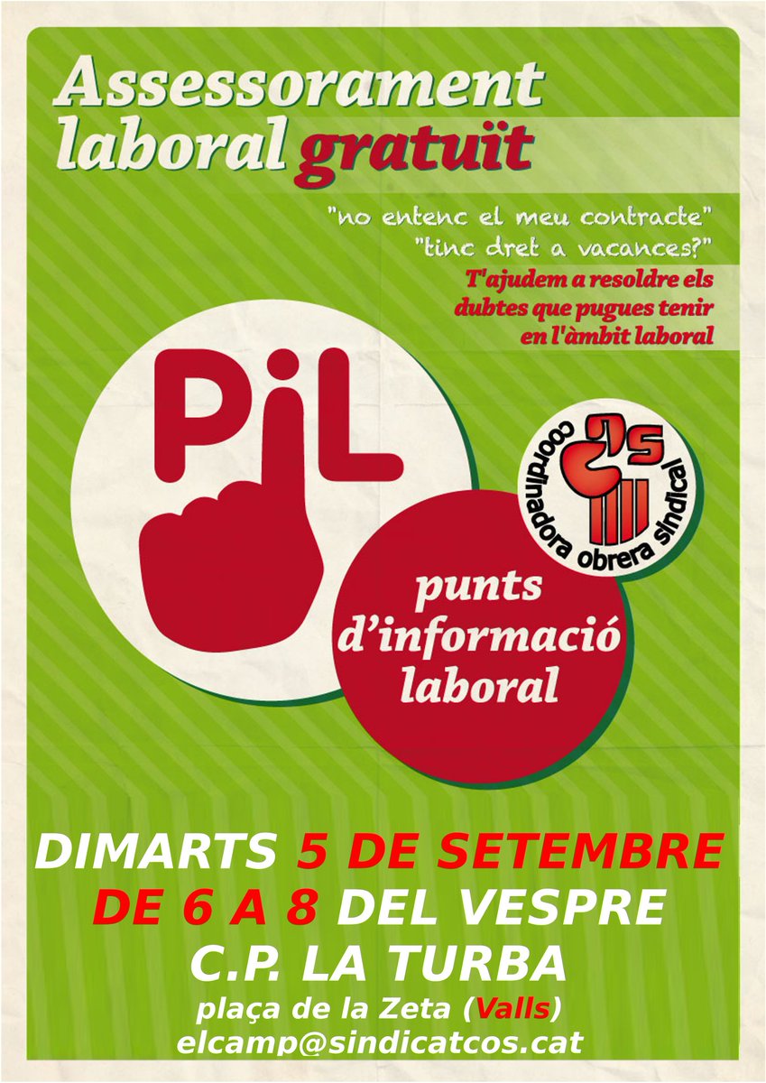 Assessorament laboral grauït, 5 de setembre a Valls 💪✊