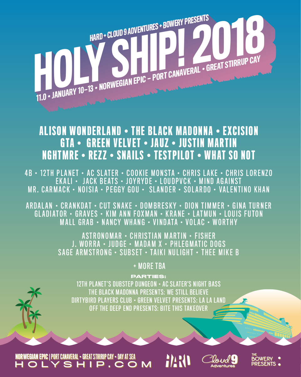 HOLY_SHIP's tweet photo. The time has come. We are honored to present you with the Holy Ship! 10.0 + 11.0 lineups. Thank you for your patience, see you in Jan! 🛳 🍍 https://t.co/QCF65OvPFO