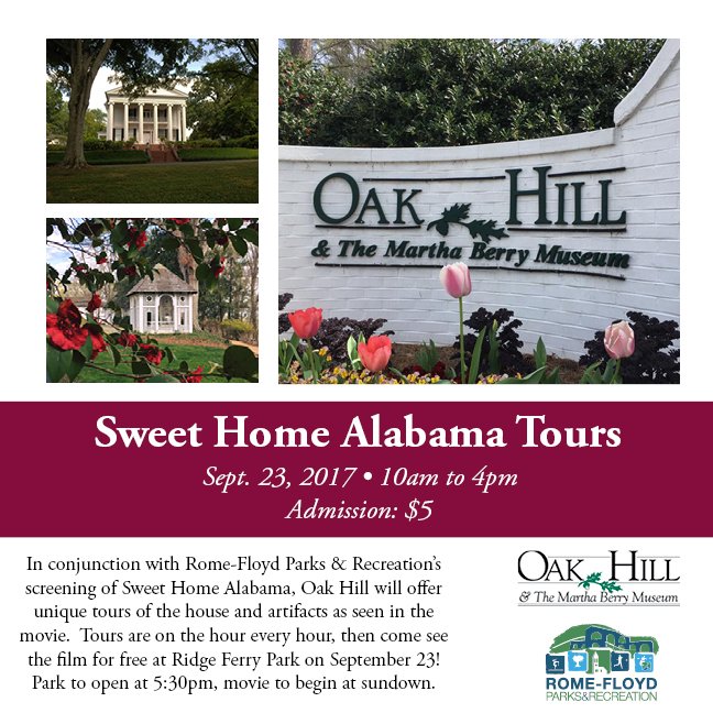 In conjunction with Ridge Ferry Films, Oak Hill will be offering tours of the house and artifacts as seen in Sweet Home Alabama. #rfprd