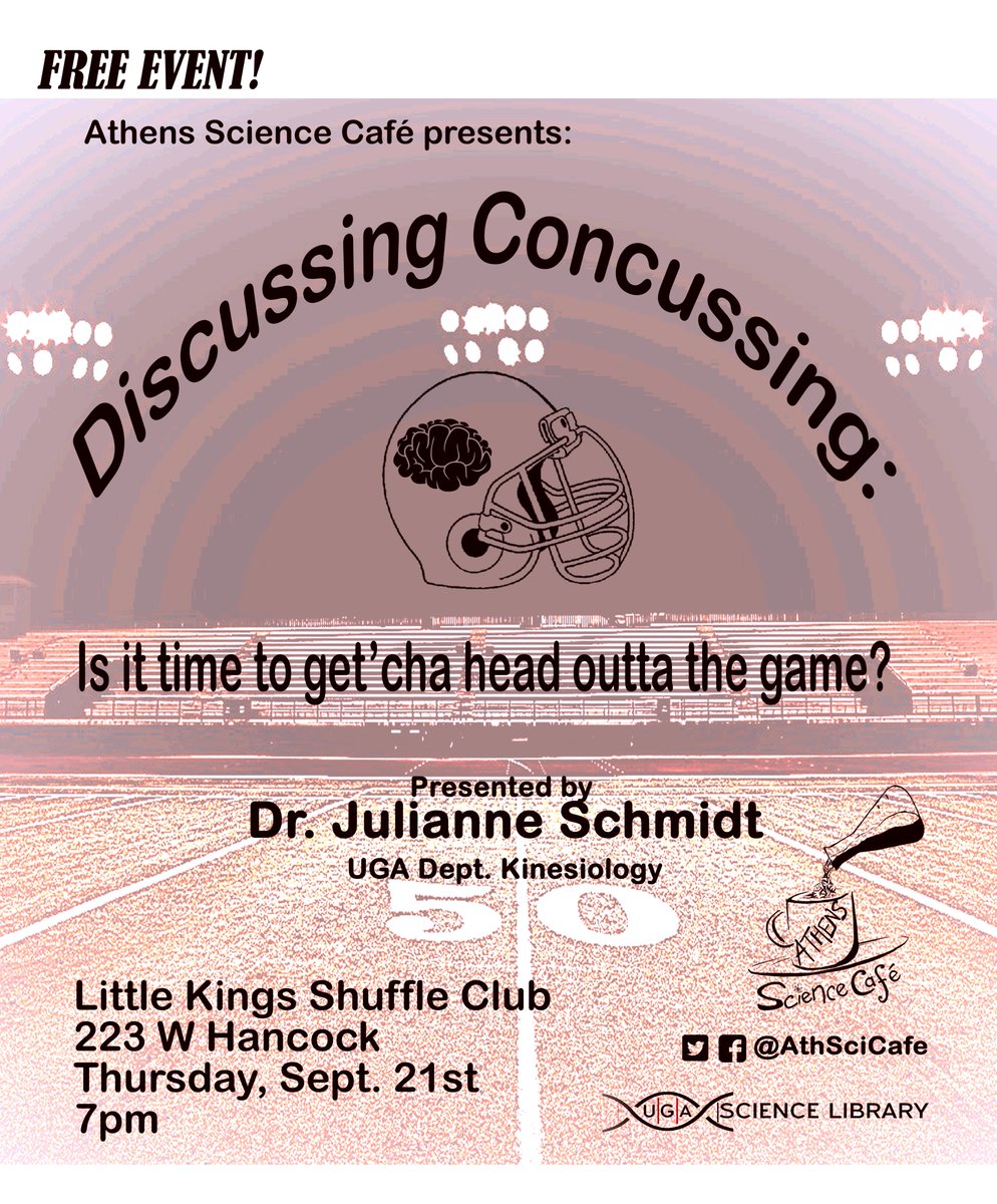 athscicafe's tweet photo. Kicking off our Science Cafe season on September 21st at 7 at Little Kings! Come learn about concussions from UGA's Dr. Julianne Schmidt! https://t.co/Y1VtdkDYgl