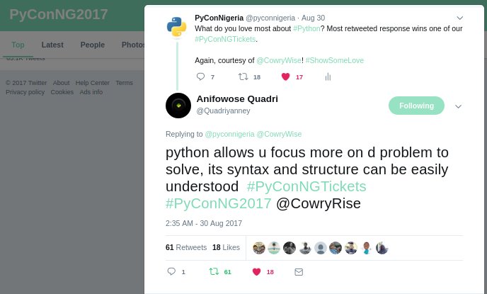 pyconnigeria's tweet image. We close this @ 9PM. Two persons slugging it out, but who&apos;ll clean this up? #PyConNGTickets

bit.ly/2xAOyB0
bit.ly/2uY3KdD
