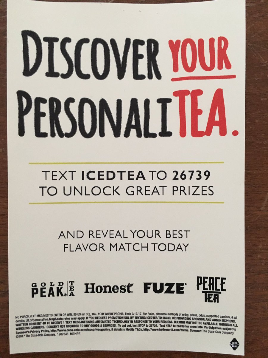 therealnrupp's tweet photo. Text "ICED TEA" to 26739 to win 1 of 4 prizes #iworkforcokeca #PersonaliTEA #JustDoIt https://t.co/OgvxWItXC4