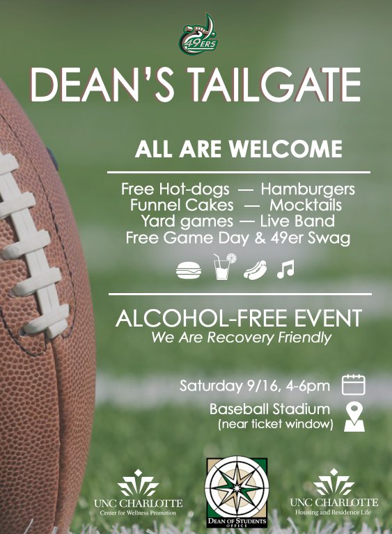 CLTDean's tweet photo. Save the date for the 1st game of the season and plan to join us at the #DeansTailgate! #FreeFood #AlcoholFree #AllAreWelcome #YourDean https://t.co/eUQSFBmv6c
