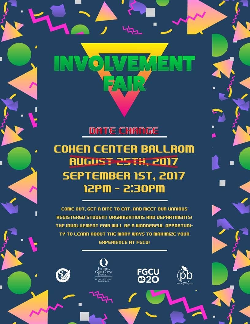 Get Involved! The Involvement Fair Date has been changed to this Friday from 12:00P-2:30P in the Cohen Center! Free food provided!