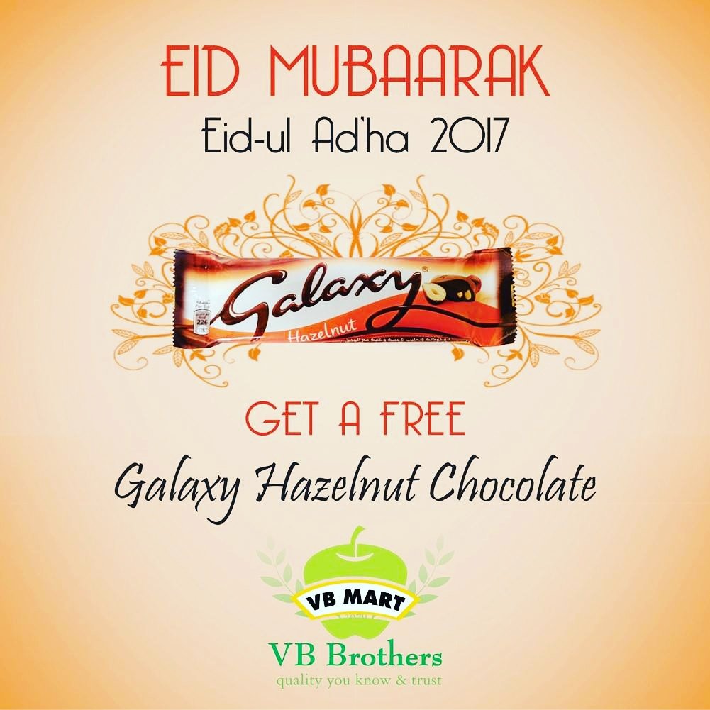 VB_Brothers's tweet photo. Shop with us in Eid First Day and get a free Galaxy Hazelnut Chocolate. ๐
#EIDMubaarak #FreeGift #Galaxy #Chocolate #VBMart #VBBrothers https://t.co/xay4Hd33gr