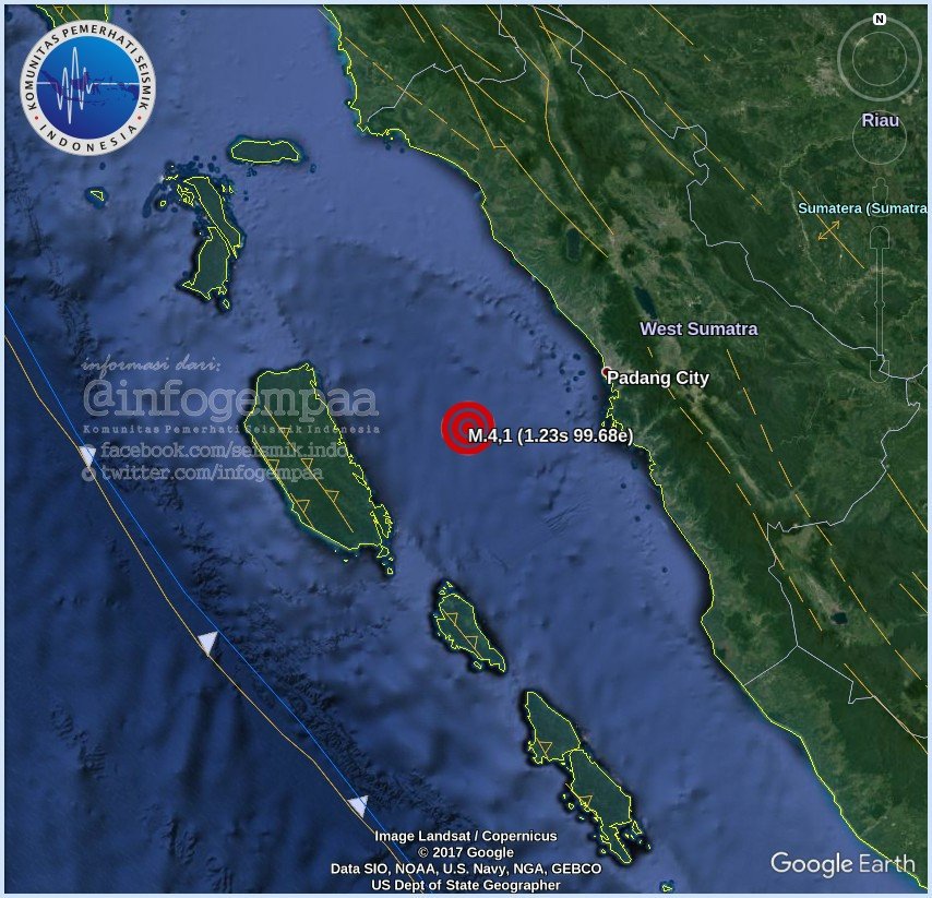 01:03WIB 1-Sep-2017 #Gempa Mag:4,1 Mentawai 66km timurlaut Muara Siberut kedalaman 23km infogempaa.wordpress.com/2017/09/01/010…
