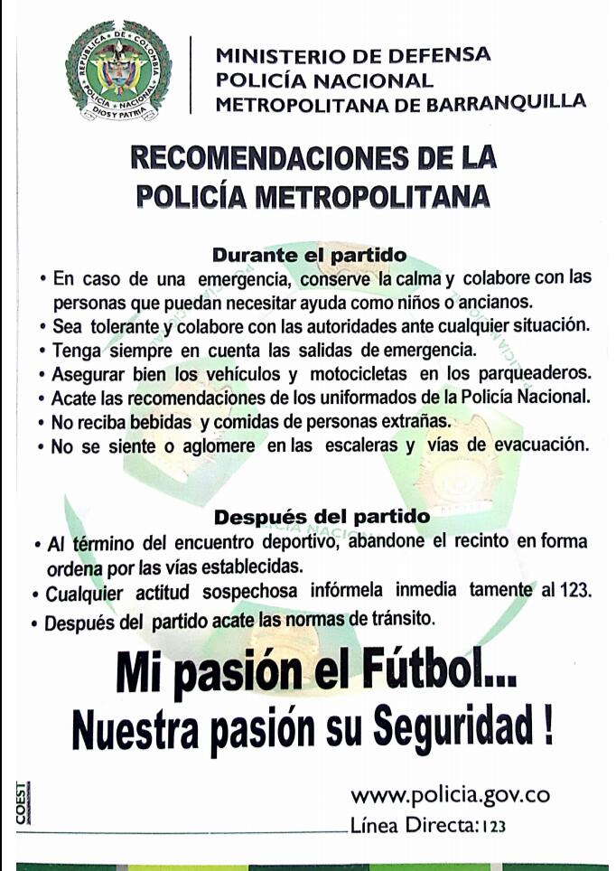 TransitoMebar1's tweet photo. @feriza2010 @GusChaG Tenga en cuenta las recomendaciones de @PoliciaBquilla y goza la pasión del futbol trabajamos x la #SeguridadCiudadana https://t.co/48avAf0Yl1