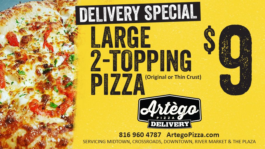 artegodelivery's tweet photo. ★NEW ANYTIME DELIVERY SPECIAL★
.
.
.
►$9--Lg 2 topping pizza◀︎
.
.
.
.
.
Call 816 960 4787 https://t.co/SrboCWRnDy
#kc #kansascit #Chiefs https://t.co/pzuGfqZyzy