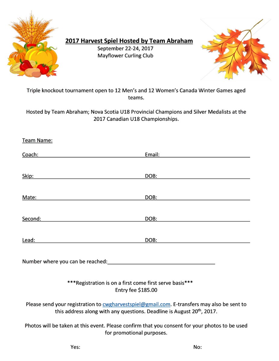 dccjrcurling's tweet photo. .@TeamAbrahamNS is hosting the 2017 Harvest Spiel from September 22-24 at @MayflowerCCHfx. Open to all Canada Games aged teams. #curling https://t.co/5SrskttnLO