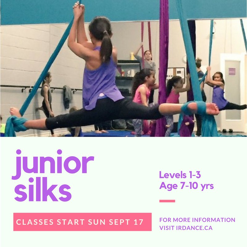 Register now for fall Junior Aerial Silks classes! Learn flexibility, strength, confidence, and balance! IRDance.ca for more! #DanceClass