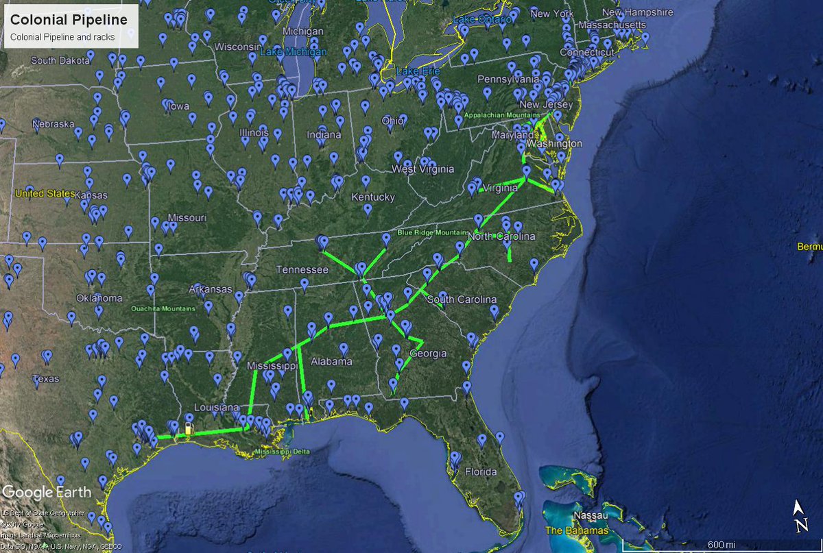 GasBuddyGuy's tweet photo. #ColPipe map and gasoline racks... Line 1 carries gasoline, and at peak can carry over 57 million gallons per day. https://t.co/MgUAbBL7qS