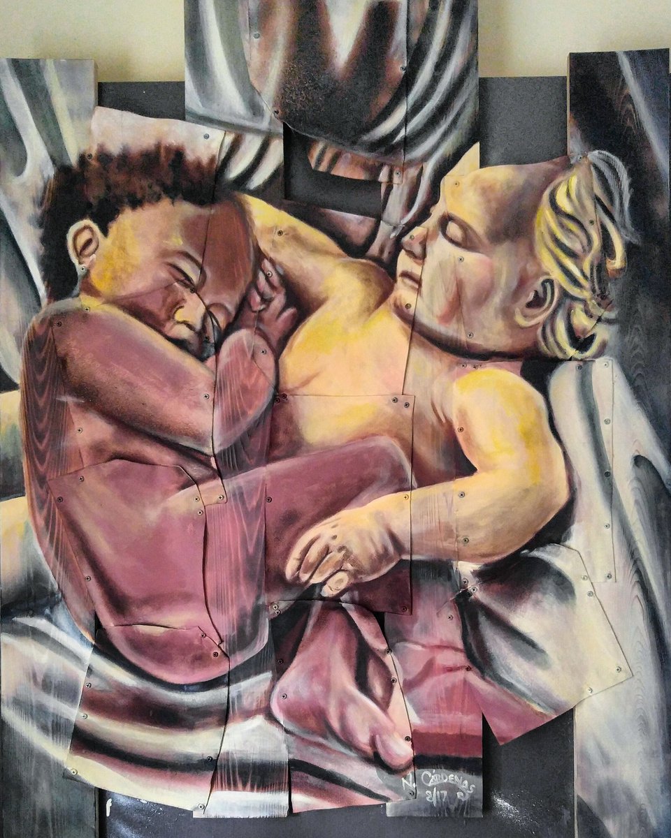 ncardenas72's tweet photo. "Bound by skin" blowtorch and oilpaint on wood planks and leather. @NODiscrimnation @CNN @MSNBC @HouseDemocrats @HouseGOP https://t.co/dhUd5yaxMl