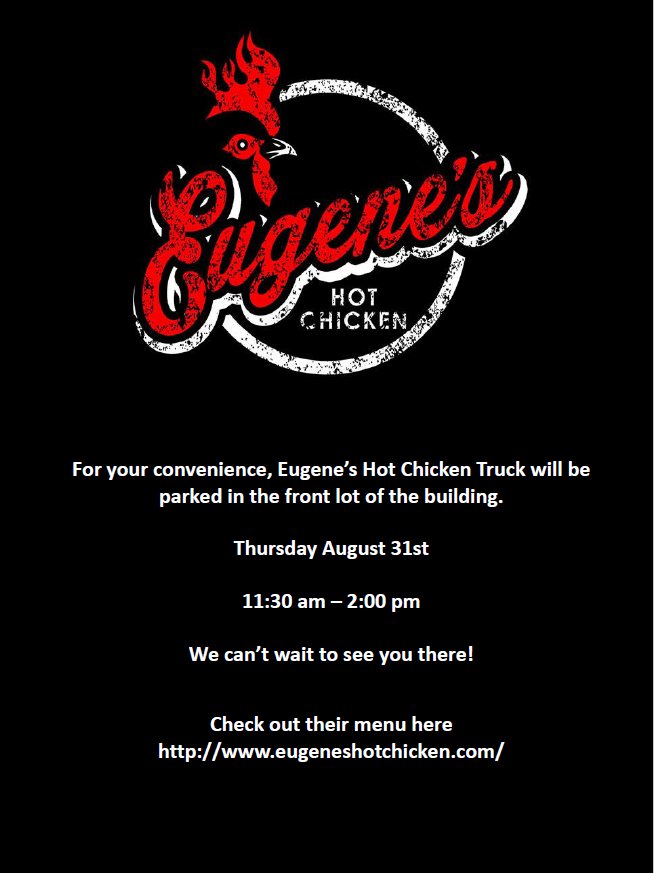 Colliers_AL's tweet photo. Eugene's Hot Chicken food truck will be at the #880Building today from 11-1:30! We can't wait to see you there! 🐔 @ChickenEugene https://t.co/Av8VW4FhdZ