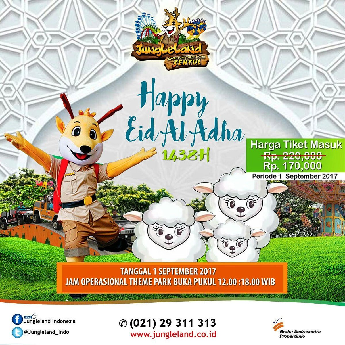 JungleLand_Indo's tweet photo. Selamat Idul Adha 1438 H teman-teman!! 😊
Khusus tanggal 1 September 2017, Jungleland buka jam 12.00-18.00 dan tiket 170k aja nih.#Jungleland https://t.co/ndwZtTqV4e