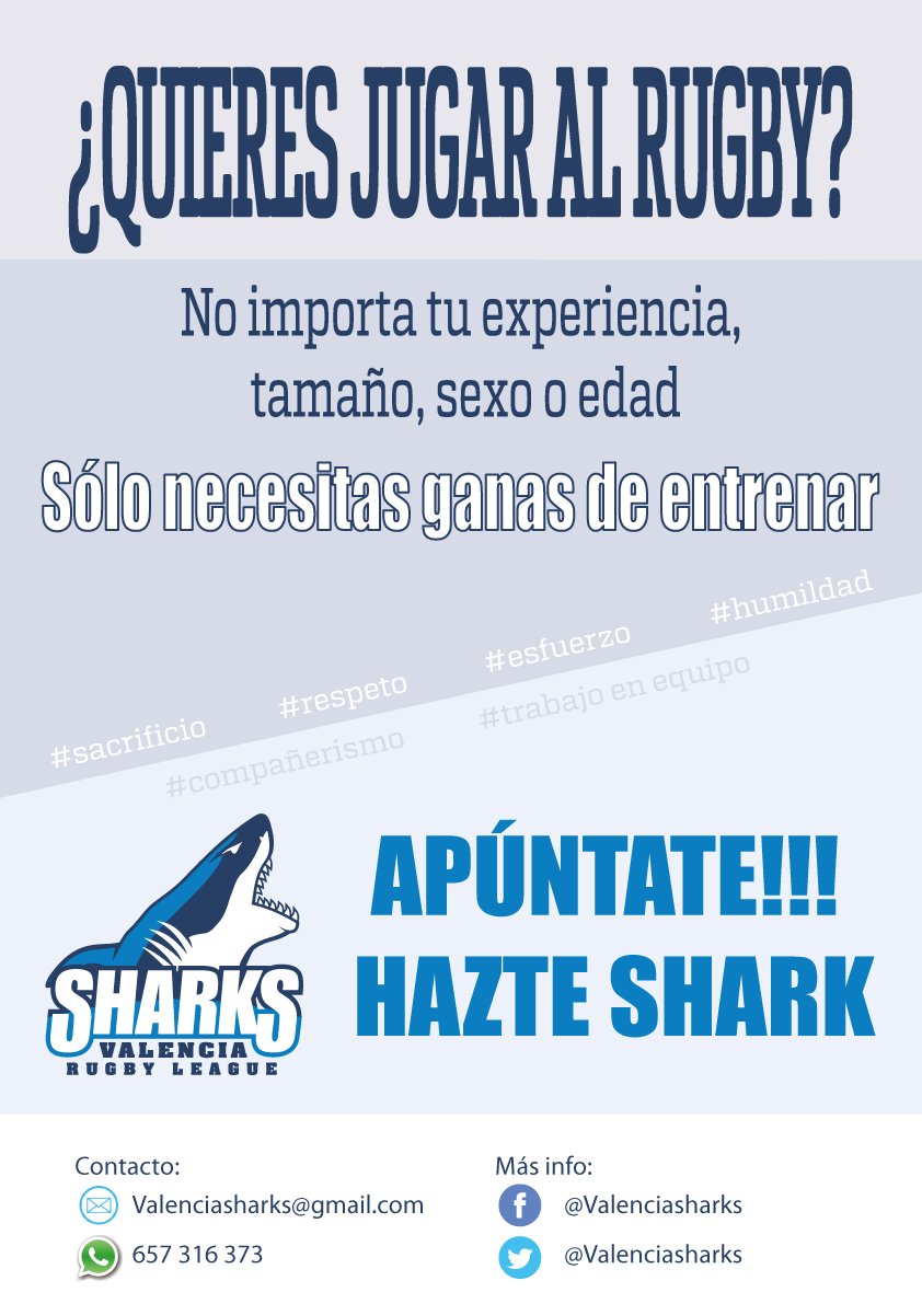 ValenciaSharks's tweet photo. ¿Quieres jugar al #Rugby en #Valencia ?

APÚNTATE A SHARKS 
Solo necesitas ganas de entrenar https://t.co/72zIyIPPUw