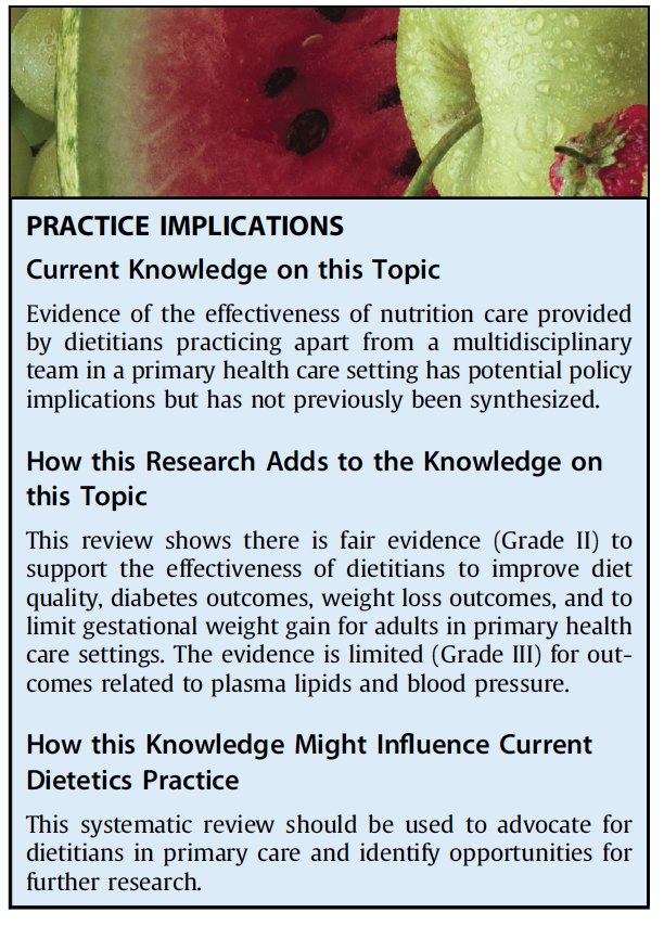 ProfWhelan's tweet photo. RCTs in primary care show a #dietitian improves diet, anthropometry, glycaemic control, less evidence for lipids/BP https://t.co/m9j6krruyL https://t.co/i2FBBNm5Sa