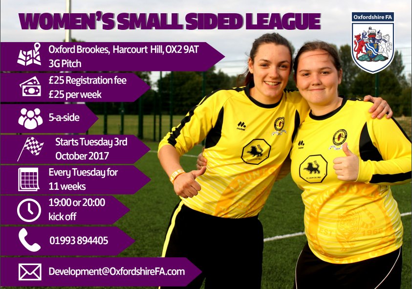 OxfordshireFA's tweet photo. Women's 5-a-side Autumn League Returns!
Click the link below and register your team today!
https://t.co/8tnXUGwN8G https://t.co/tkVRI2ox1i