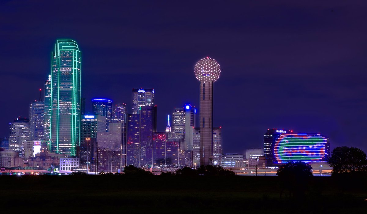 OK.  This is pretty cool.  The Dallas skyline pregame.  Whoever owns that building....bravo!  <a href="/PresidentFuchs/">x</a> <a href="/FloridaGators/">Florida Gators</a>