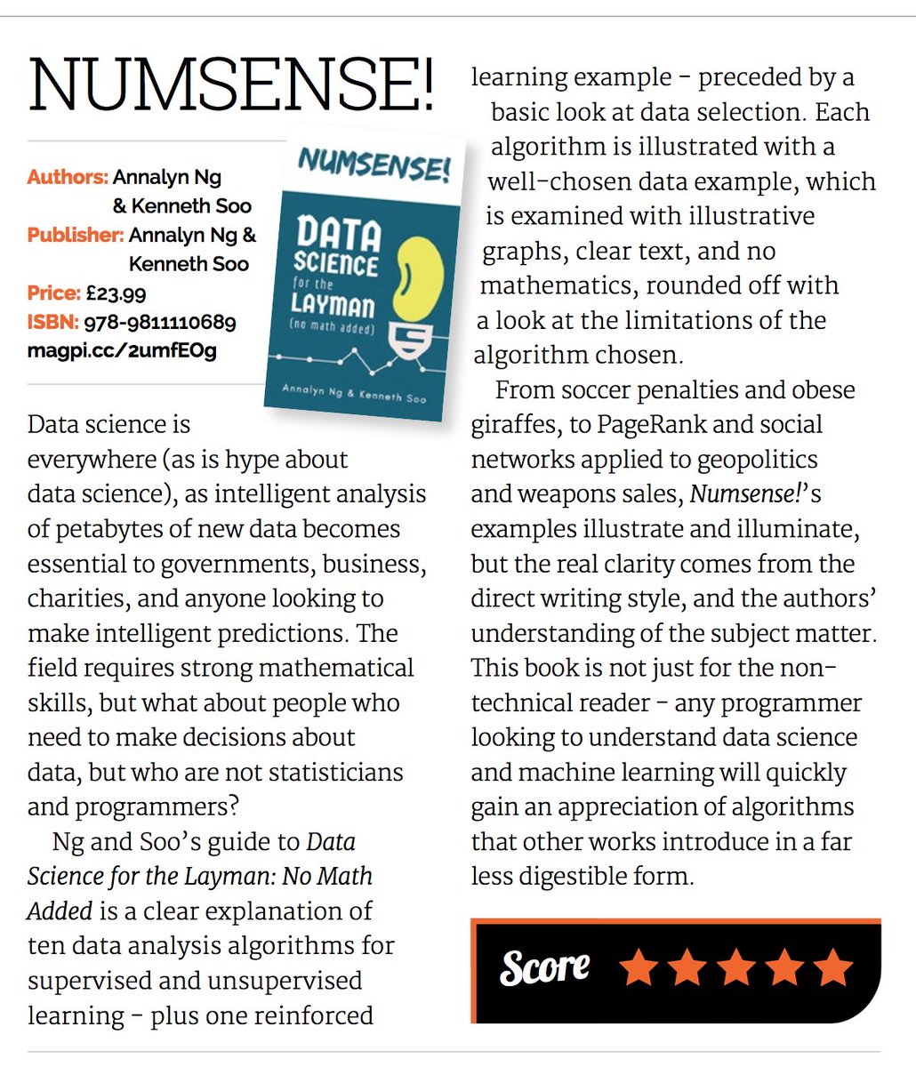 algobeans's tweet photo. @Raspberry_Pi's magazine @TheMagP1 rated the book 'Numsense!  #DataScience for the Layman' 5⭐️! Grab your copy now:  https://t.co/gusIrL8rja https://t.co/Ku8dtnV6J3