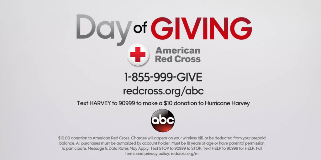 To support people impacted by #Harvey, donate at RedCross.org/ABC or call 1-855-999-GIVE (1-855-999-4483). #DayOfGiving