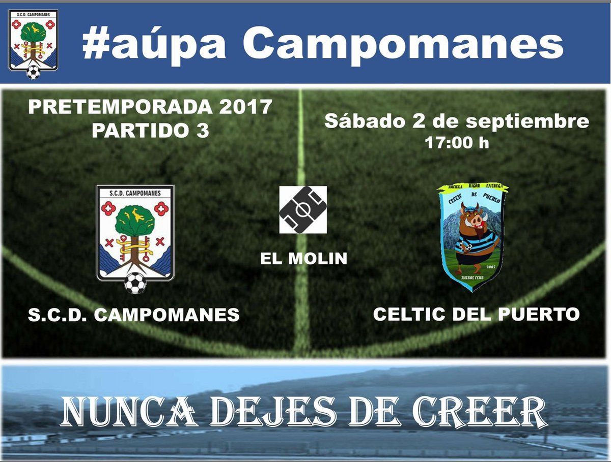 El sábado 2 a las 17 h jugaremos en "El Molin" nuestro 3° partido de pretemporada frente al Celtic de Puerto (2 Regional). Os esperamos