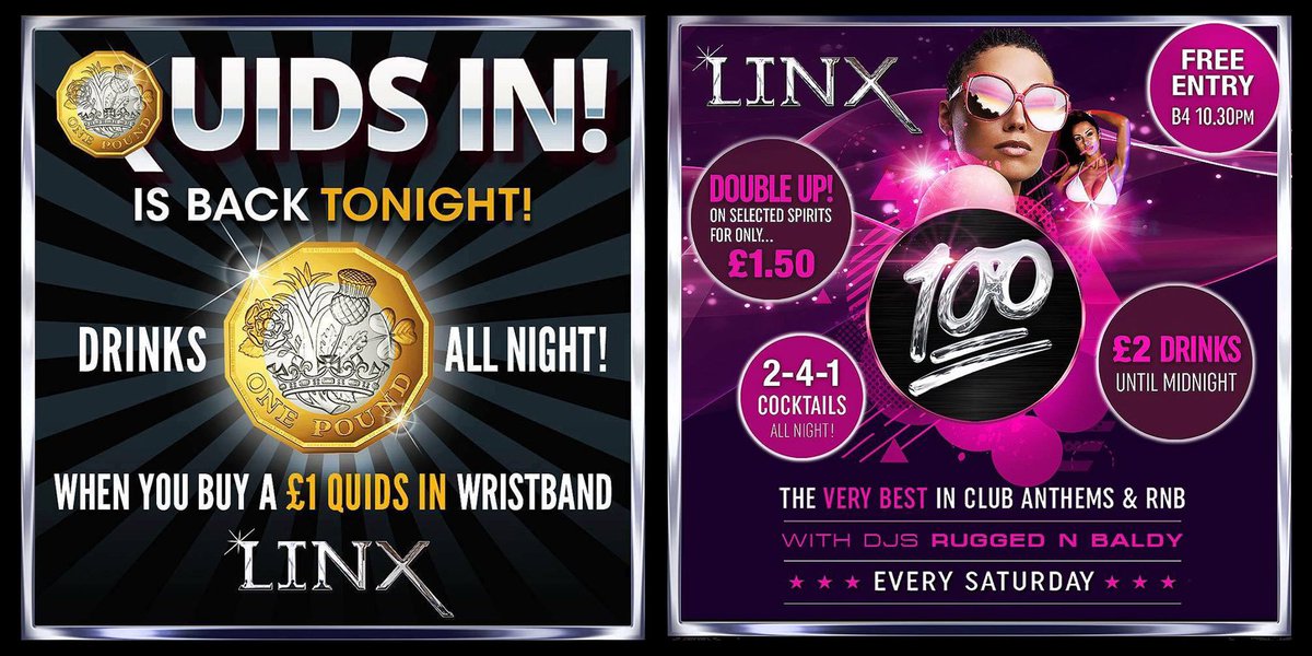 LinxNightClub's tweet image. This weekend:
FRI: Quids In hits Rayleigh!
SAT: 100 with the best DJ’s in the business - Rugged &amp;amp; Baldy
Contact us to go VIP!