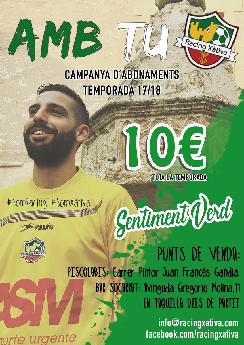 racingxativa's tweet photo. JA SIGUEM 100 ABONATS!
ABONA´T AL RACING #AMBTU #OBJECTIU300 #10€.
PUNTS DE VENDA: PISCOLABIS/BAR SOCARRAT info@racingxativa.com https://t.co/NLGHjtTgSw