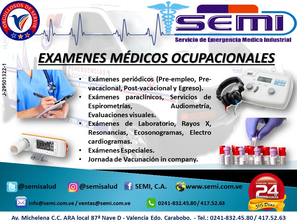 SEMISALUD's tweet photo. Nuestro nuevo servicio de Exámenes Médicos Ocupacionales con diversas evaluaciones. @SEMISALUD #Examenes #Ocupacional #Valencia #31deAgosto https://t.co/4JbkdXULGs