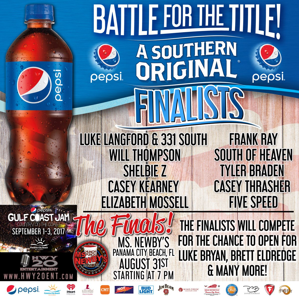 GulfCoastJam's tweet photo. TONIGHT at @MsNewbys - @pepsi #SouthernOriginal Finalists compete to open at @pepsi #GulfCoastJam on Sept 3rd! Come jam with us at 6pm! https://t.co/Eq6qKMngpm