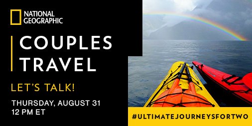 <a href="/NatGeo/">National Geographic</a> chat, #UltimateJourneysForTwo in 5 mins...come say hi guys! <a href="/etjourney/">Enjoy The Journey</a> @dd_traveller <a href="/timecrunched/">Ellen & Justin</a> <a href="/FullCTravel/">Full Course Travel</a> <a href="/Turtlestravel/">TurtlesTravel</a>