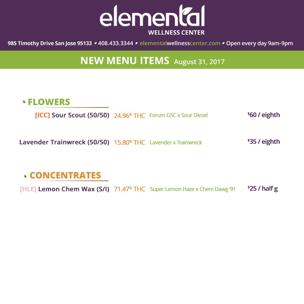 Elemental2009's tweet photo. MENU UPDATE >> #ICC #SourScout returns @ 25% #THC 😵⛽ + #HashyLarry #LemonChem #Wax in @ 71% #THC 🍋☢️ #elementalupdate https://t.co/6mZ5rPMqZD