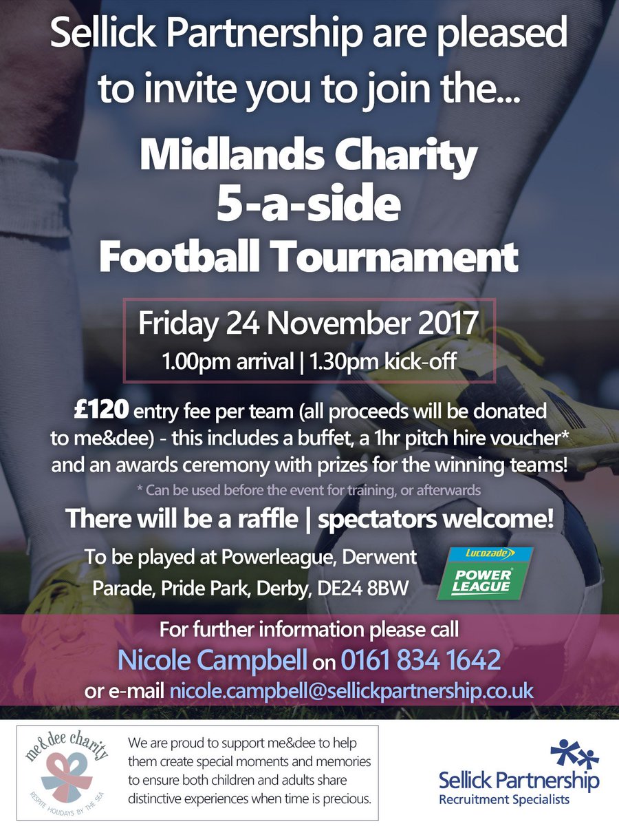 Jo_Sellick's tweet photo. Have you booked your place on @SellickGroup's 7th Midlands 5-a-side Charity Tournament in aid of @MeandDeeUK? https://t.co/SNLcB9qL10