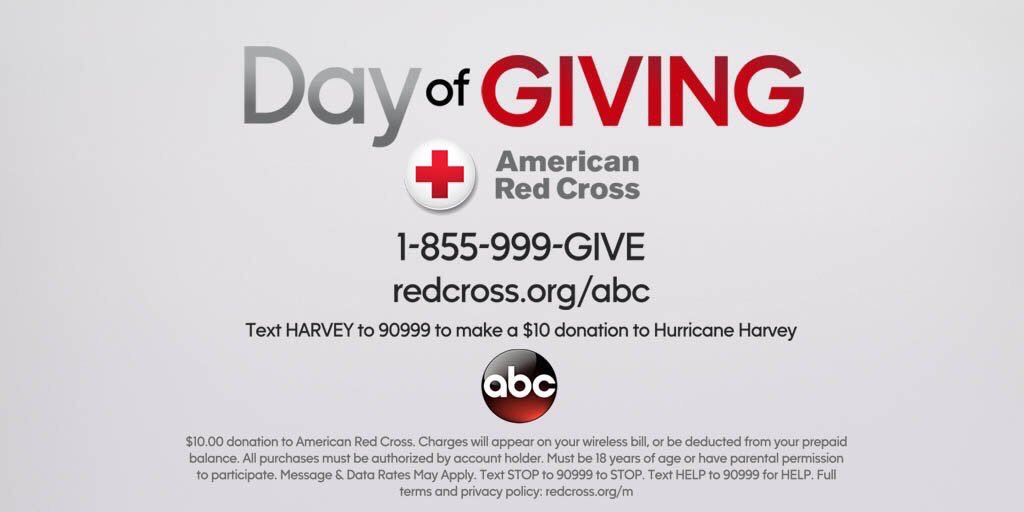 To support people impacted by #Harvey, donate at RedCross.org/ABC or text “HARVEY” to 90999 to make a $10 donation. #DayOfGiving