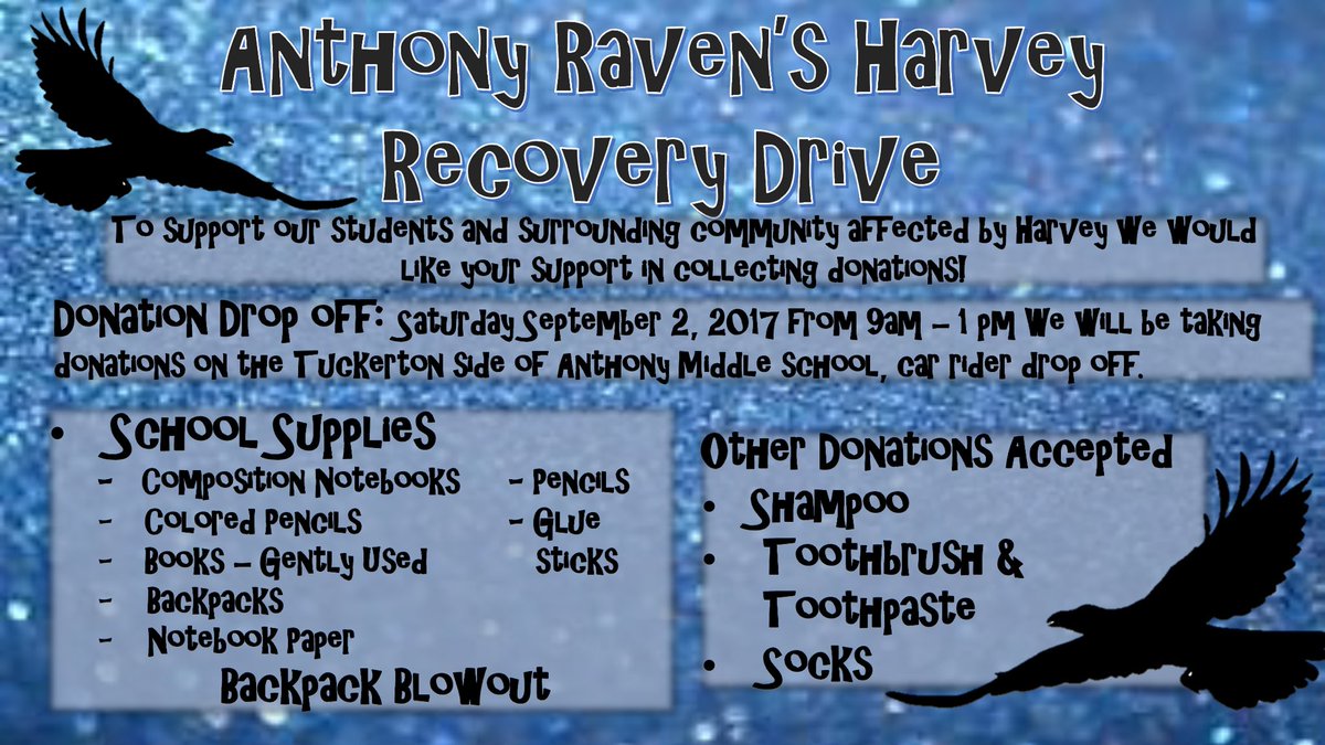 anthonymsband's tweet photo. This Saturday from 9am-1pm we will be accepting donations to help those affected by Harvey. #ravensrise #cfisdcares https://t.co/peOx26PPN1