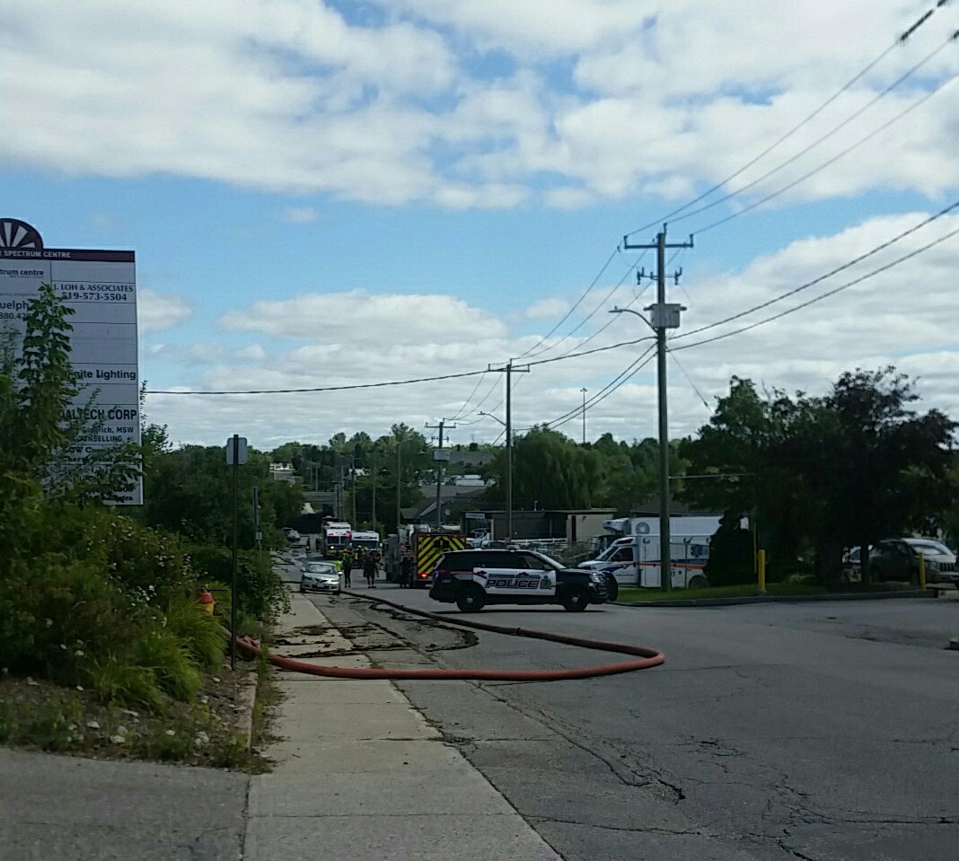 Traffic to several businesses temporarily shut down on Guelph Ave Kitchener b/c of scrap yard fire. Fire out now.