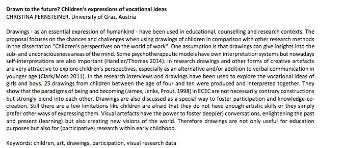 CPernsteiner's tweet photo. presented „#Children’s expressions of #vocational ideas“ at #eecera2017 - thanks for good discussion about #drawings as #research method https://t.co/LRb14kCGmf