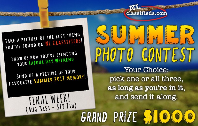 NLClassifieds's tweet photo. ☀️ FINAL WEEK: SUMMER PHOTO CONTEST📸
Here are the photo challenges for the FINAL WEEK!
https://t.co/JxeRzCANU7
#NLSummerPhotoContest https://t.co/VGMILlX1pk
