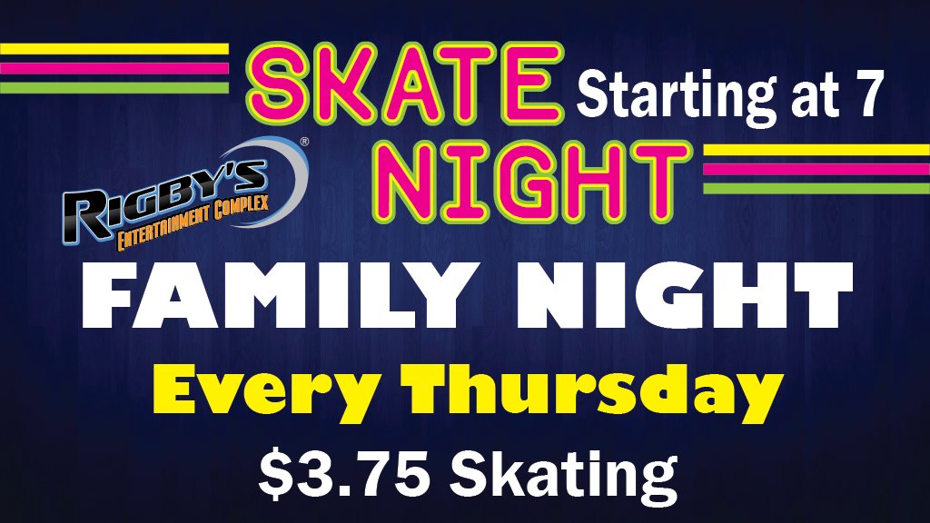 RigbysFun's tweet photo. Roller Skating is only $3.75 on #FamilySkateNight every Thursday after 7pm! Oh and yes that includes the skate rental 😉. #GetSomeFun https://t.co/M0zcQXkElB