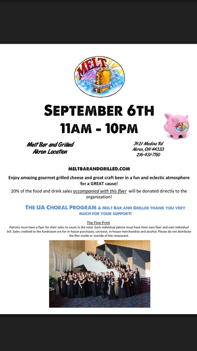 AkronChoirs's tweet photo. Come out and support your favorite Zips at Melt! See the flier below for details!! https://t.co/05msV7Ygeq