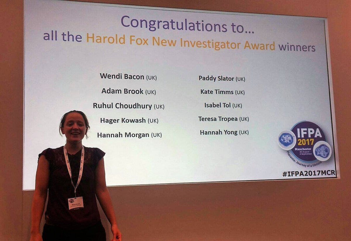 ObsGynaeCam's tweet photo. Congratulations to Dr Wendi Bacon for winning a Harold Fox New Investigator Award! #IFPA2017MCR @CTR_Trophoblast https://t.co/hYdUVUxPJk