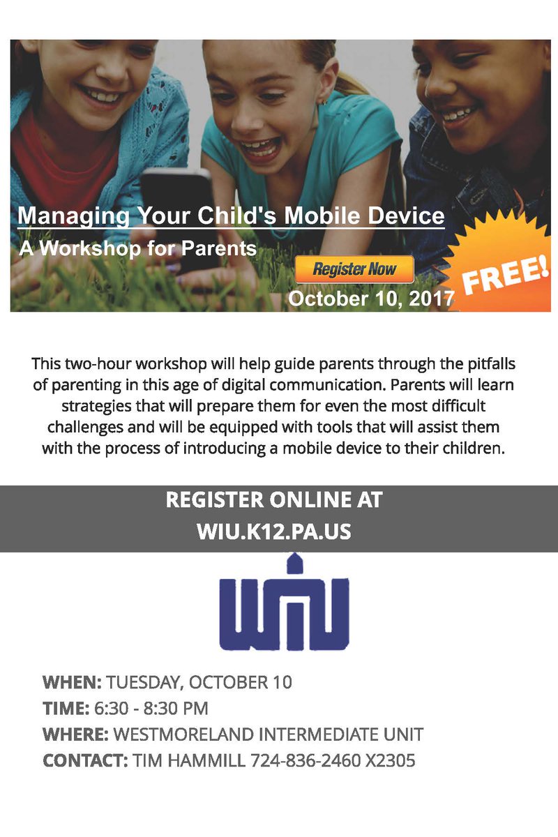REGISTER NOW: Managing Your Child's Mobile Device: A Workshop for Parents | Tuesday, October 10, 2017 | bit.ly/WIU_Parents