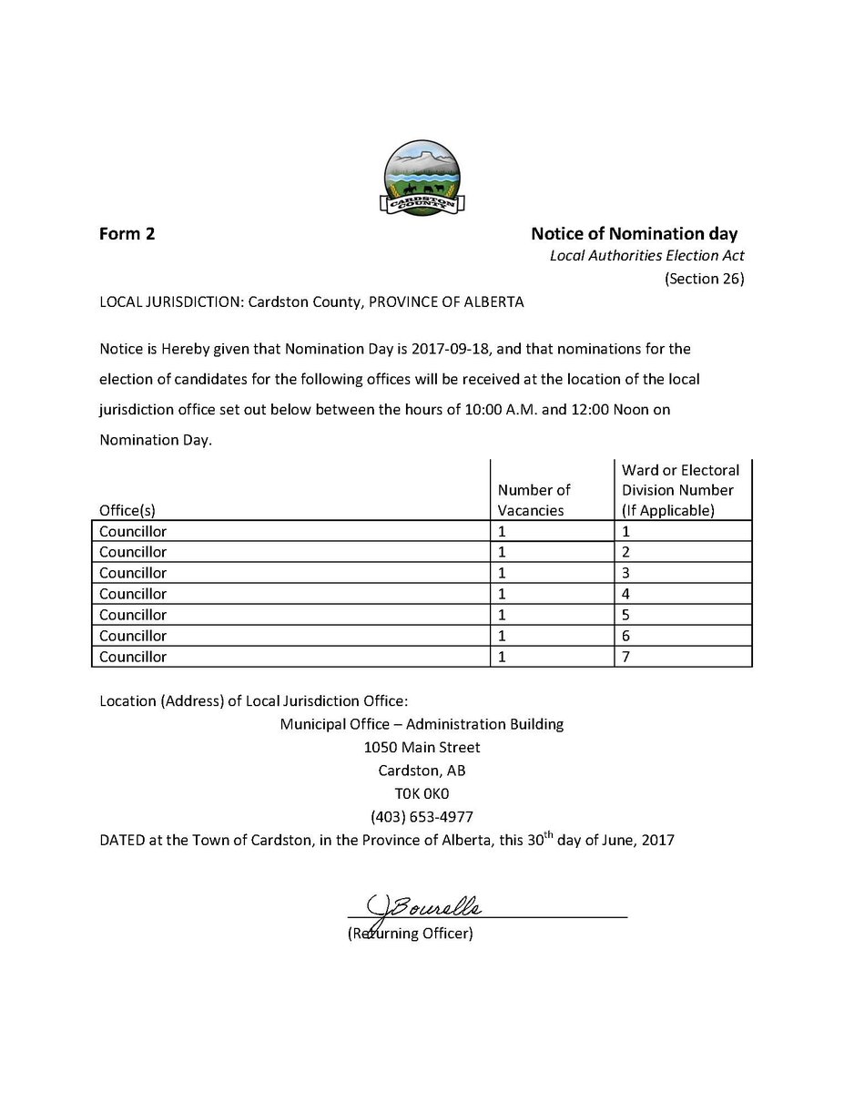 Nomination Day for Cardston County Council is September 18th, 2017 between the hours of 10:00 A.M. and 12:00 P.M.