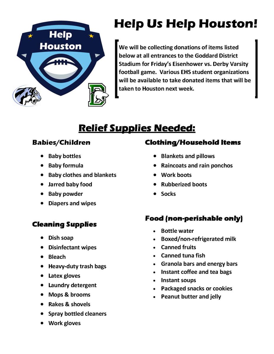 DHS_Panthers's tweet image. Going to the FB game Fri night? Take along a few donations to help us #HelpHouston! #pantherfamily #panthernation #DerbyHelpsHouston