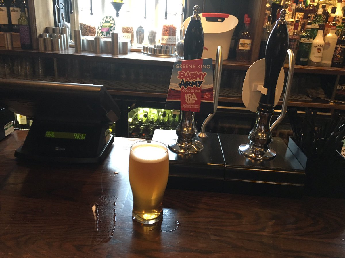 AndyBarmyArmy's tweet photo. Pleased to see #BarmyArmyAle on at the @GreeneKingIPA Saracens Head, Towcester #crackingpint #cheers https://t.co/VgqQ43xx0z