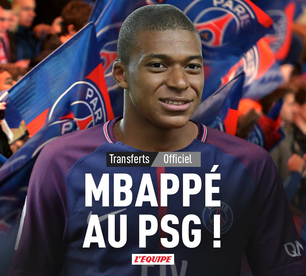 lequipe's tweet photo. 📣 Kylian Mbappé est officiellement un joueur du PSG ! https://t.co/lh1zDYUsvT