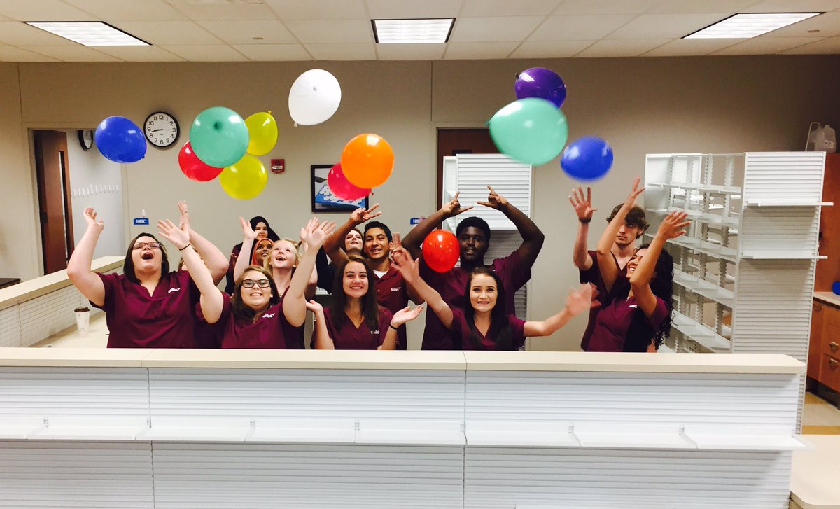 TollesPharmTech's tweet photo. Pharm Jrs celebrate the new pharmacy &amp; Whitney's bday 🎈, while the Pharm Srs get down to business organizing inventory for the new shelves! https://t.co/g5c9e8Bujt