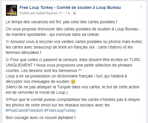 SylvainErnault's tweet photo. Prêts à RT au max cet opé cartes postales pour Loup, injustement emprisonné depuis 36 jours en Turquie ? #FreeLoupTurkey #PostCard4Freedom 📬 https://t.co/72TA0aVwcO